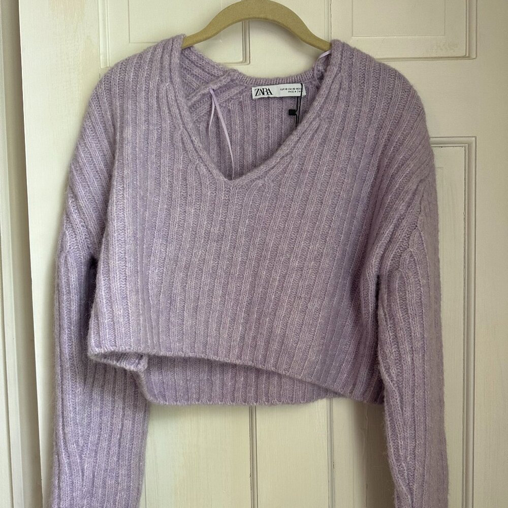 zara purple cropped v neck sweater